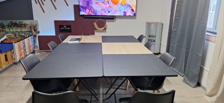 Salle de réunion moderne Le P'tit Loft Fort-de-France Location salle réunion équipée climatisée Fort-de-France Table réunion écran TV Le P'tit Loft